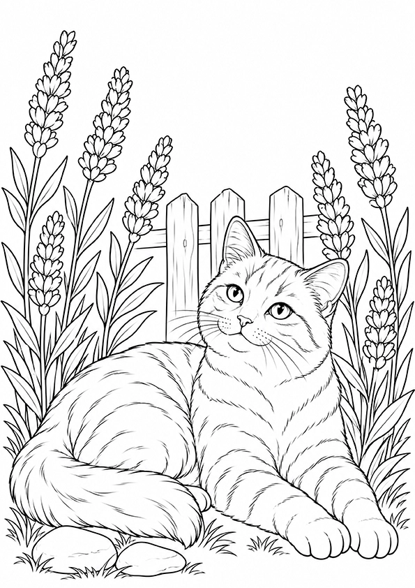 Cat In The Lavender Garden coloring page