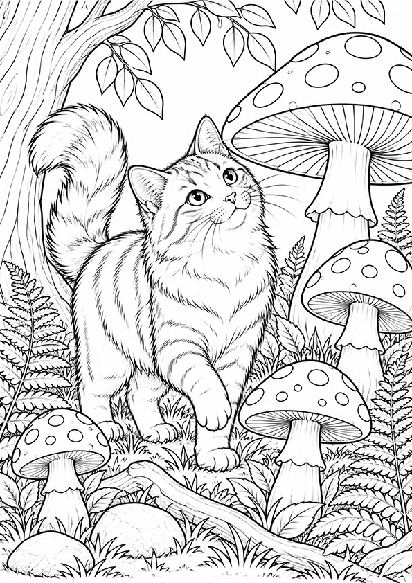 Cat In The Mushroom Woodland coloring page