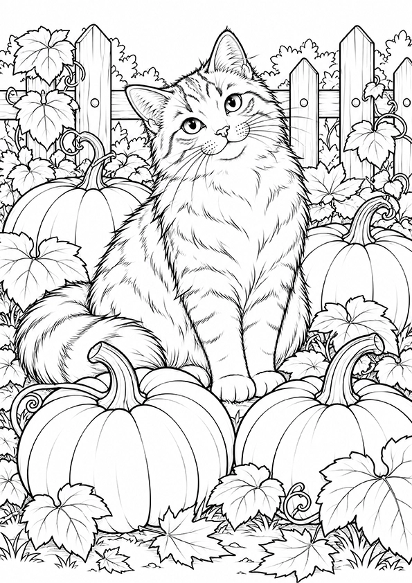 Cat In The Pumpkin Garden coloring page