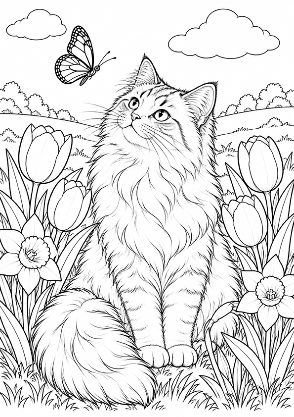 Cat In The Spring Meadow coloring page