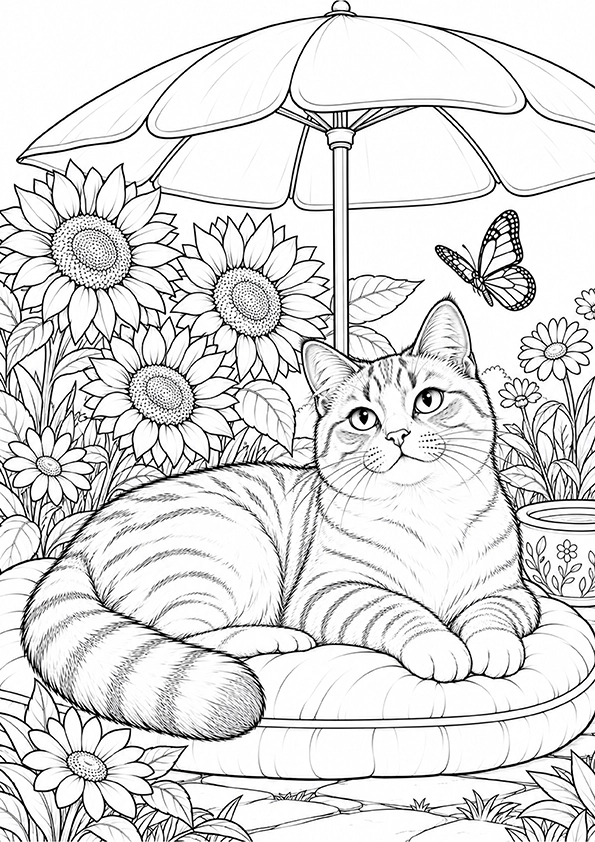Cat In The Summer Garden coloring page