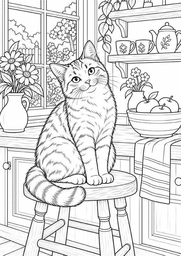 Cat In The Sunny Kitchen coloring page