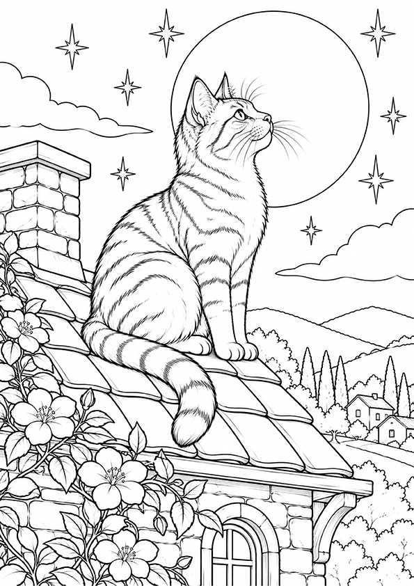 Cat On The Moonlit Rooftop coloring page