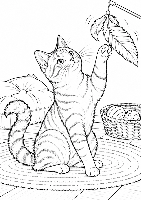 Cat Playing With A Feather coloring page
