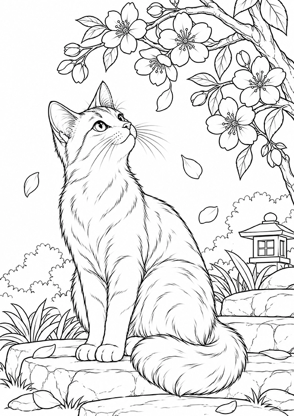 Cat Under The Cherry Blossoms coloring page