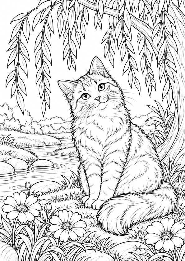 Cat Under The Willow Tree coloring page