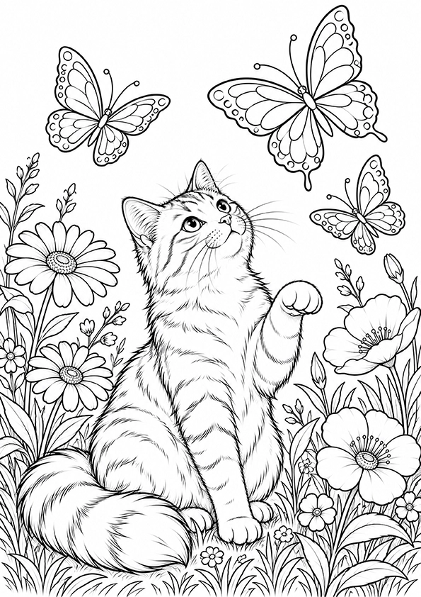 Cat Watching Butterflies coloring page