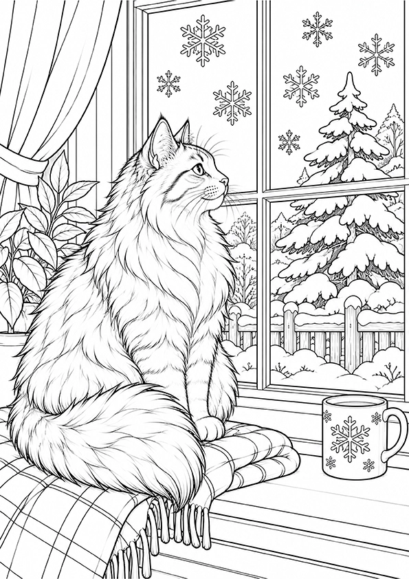Fluffy cat sitting by a window, watching snow outside with winter trees and snowflakes.