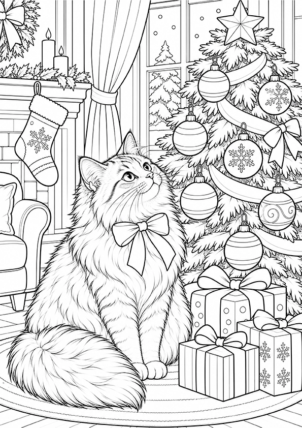 Christmas Cat Beneath The Tree coloring page