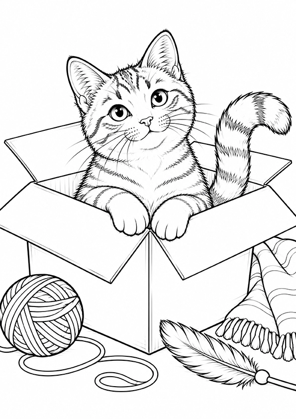 Curious Cat In A Cardboard Box coloring page