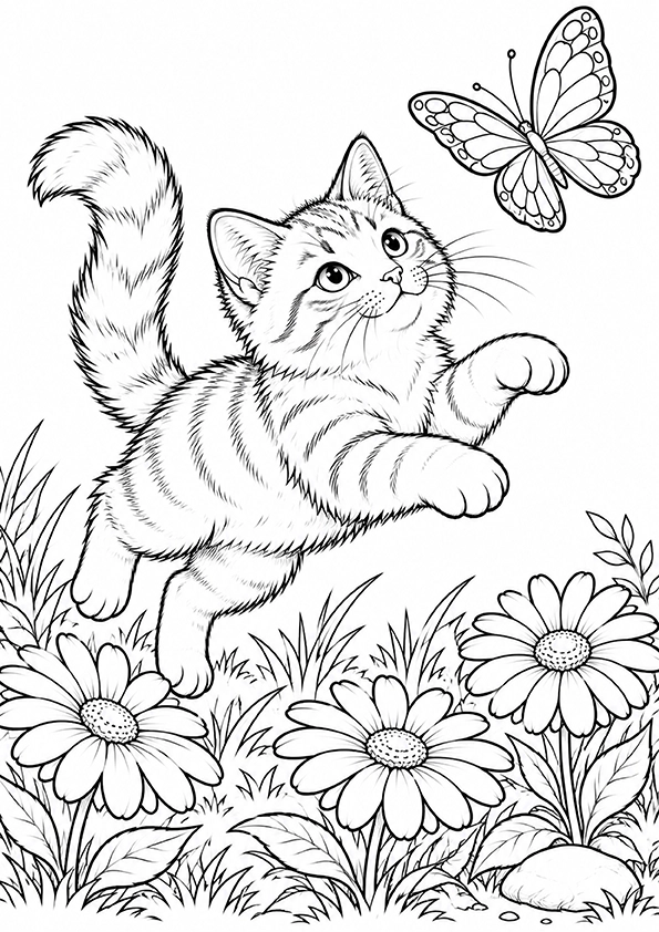 Kitten Chasing A Butterfly coloring page