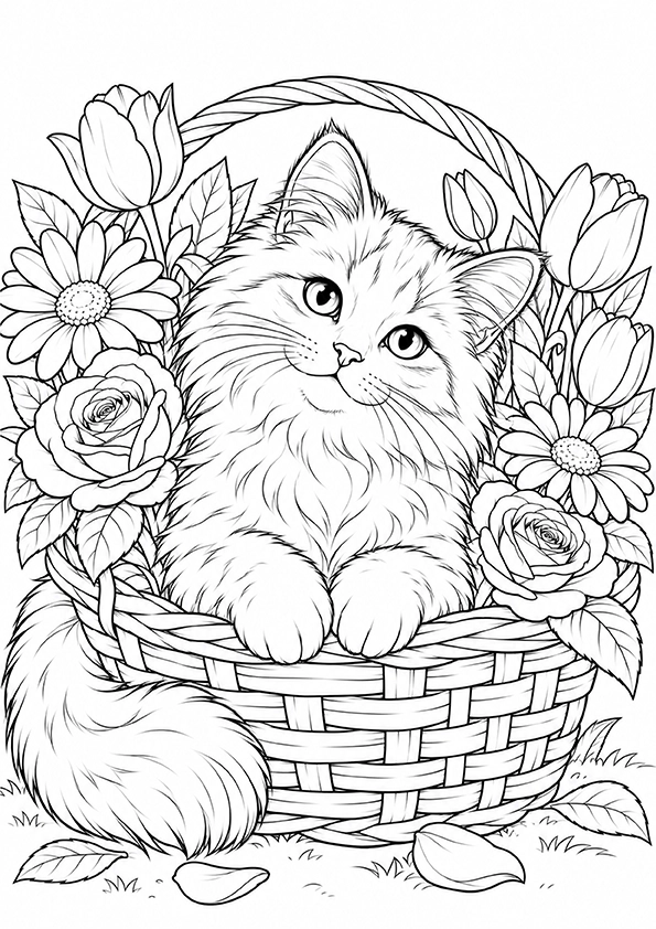 Kitten In A Flower Basket coloring page