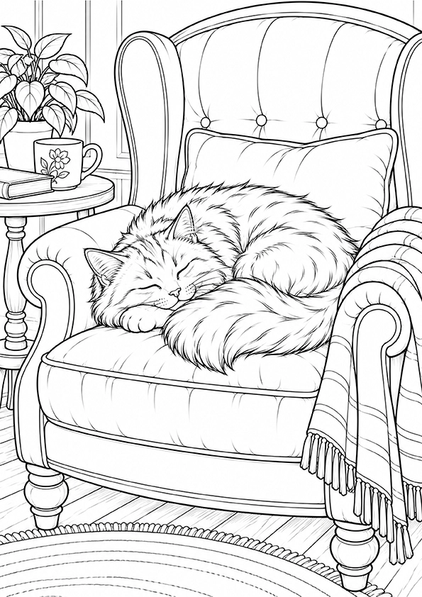 Sleeping Cat On A Cozy Armchair coloring page