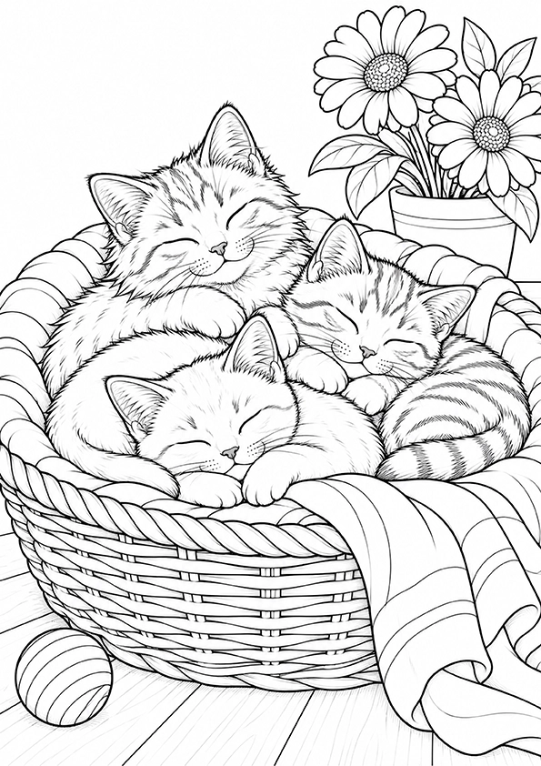 Sleeping Kittens In A Basket coloring page