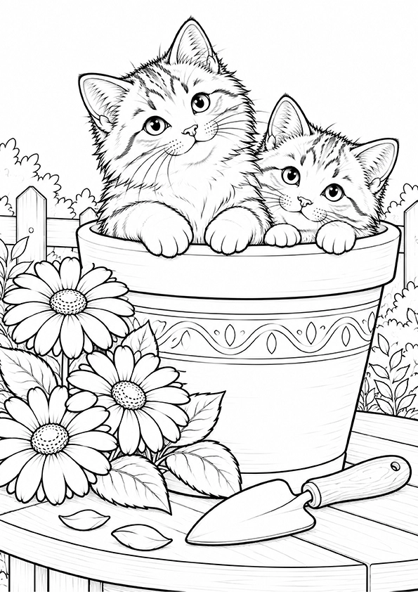 Two Kittens In A Flower Pot coloring page