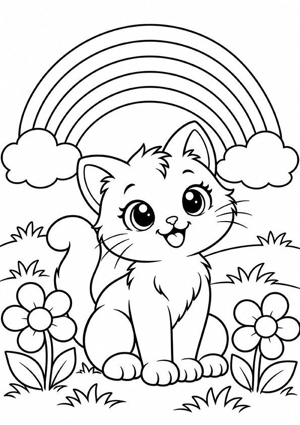 Cat Beneath A Rainbow coloring page