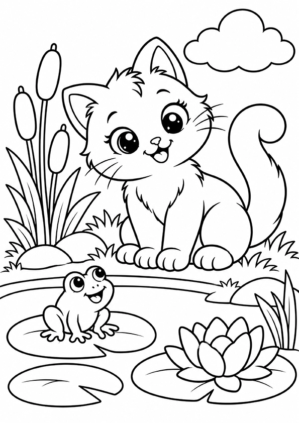 Cat Beside The Garden Pond coloring page