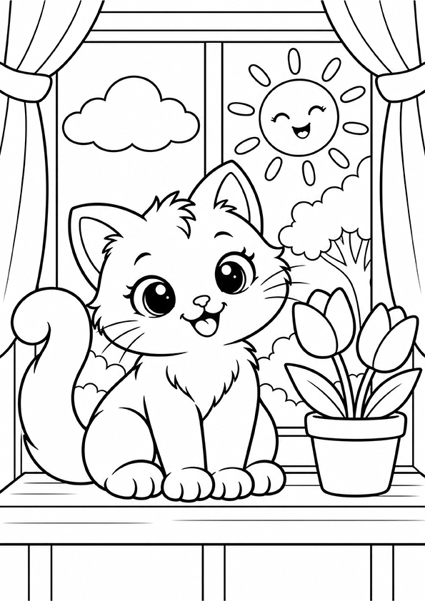 Cat Sitting On A Windowsill coloring page