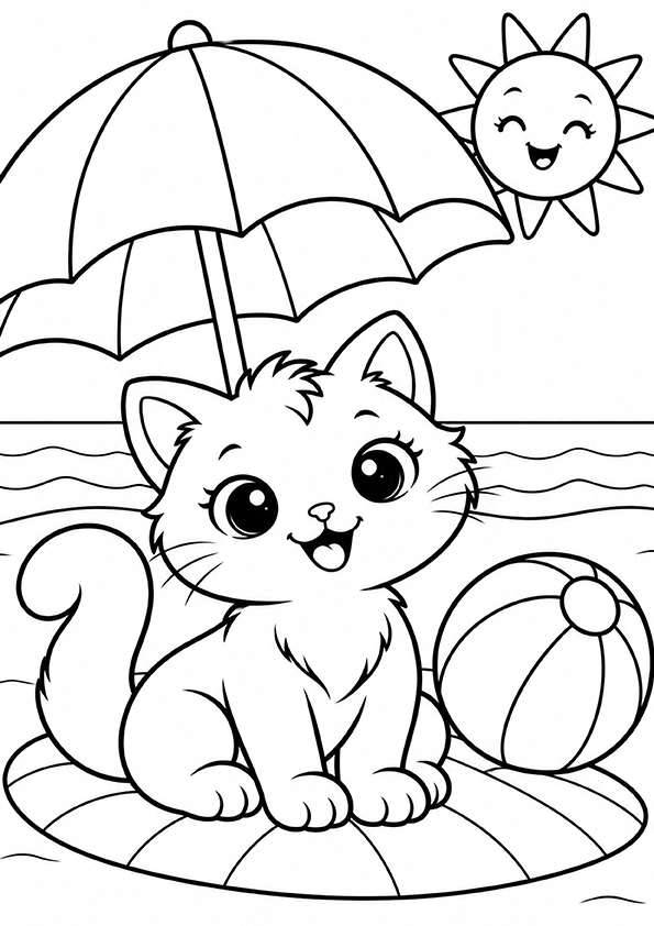 Cat Under A Summer Umbrella coloring page