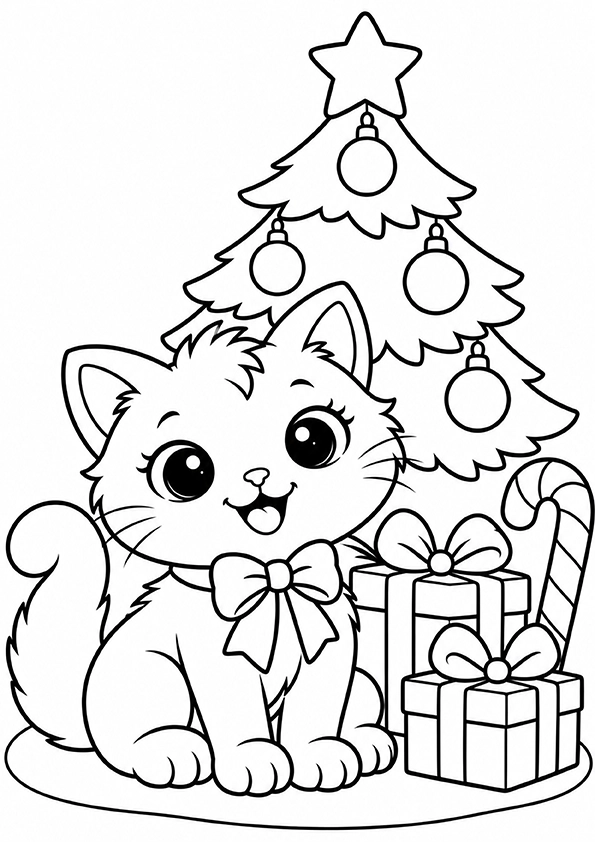 Christmas Kitten With Presents coloring page