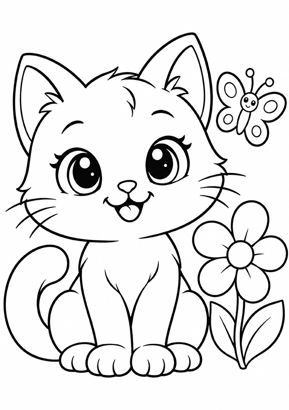 Cute kitten sitting with a butterfly and flower