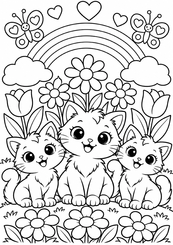Happy Cats In The Rainbow Garden coloring page