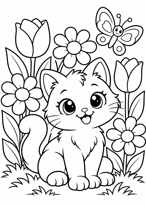 Kitten Among The Flowers coloring page