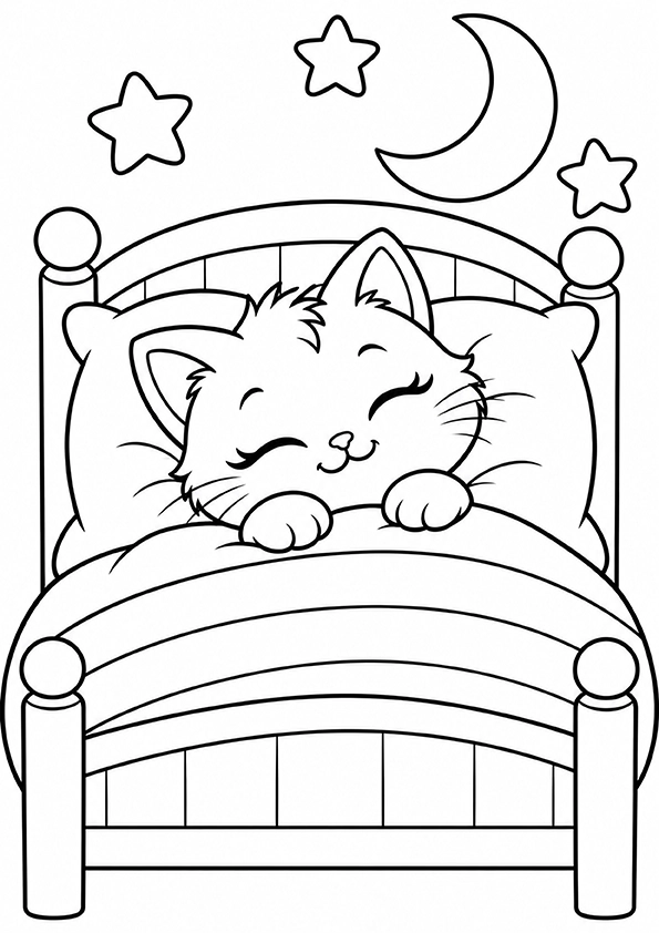 Kitten In A Cozy Bed coloring page