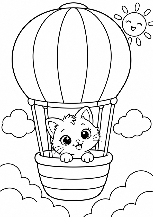 Kitten In A Hot Air Balloon coloring page