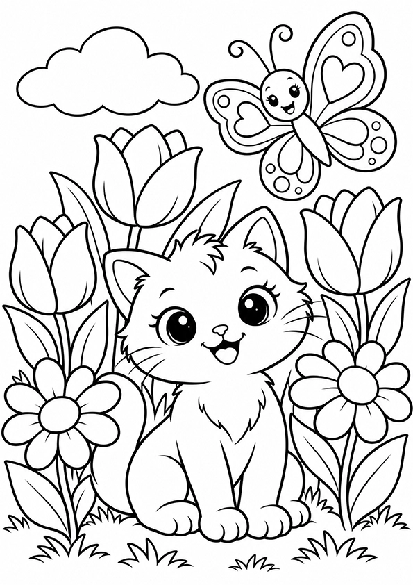 Kitten In The Spring Flowers coloring page
