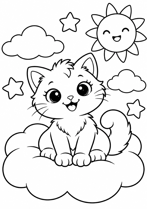 Kitten Riding A Cloud coloring page