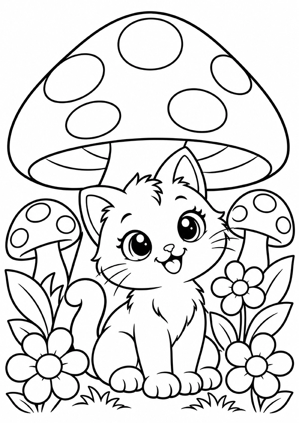 Kitten Under A Mushroom coloring page