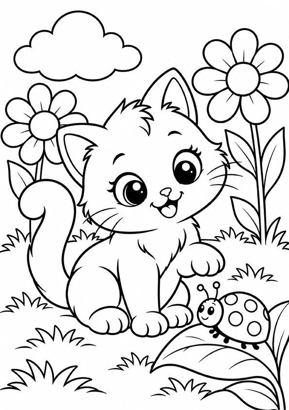 Kitten Watching A Ladybug coloring page