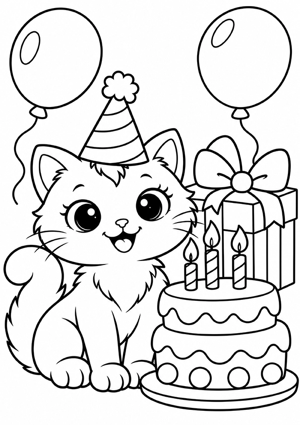 Kitten With A Birthday Cake coloring page