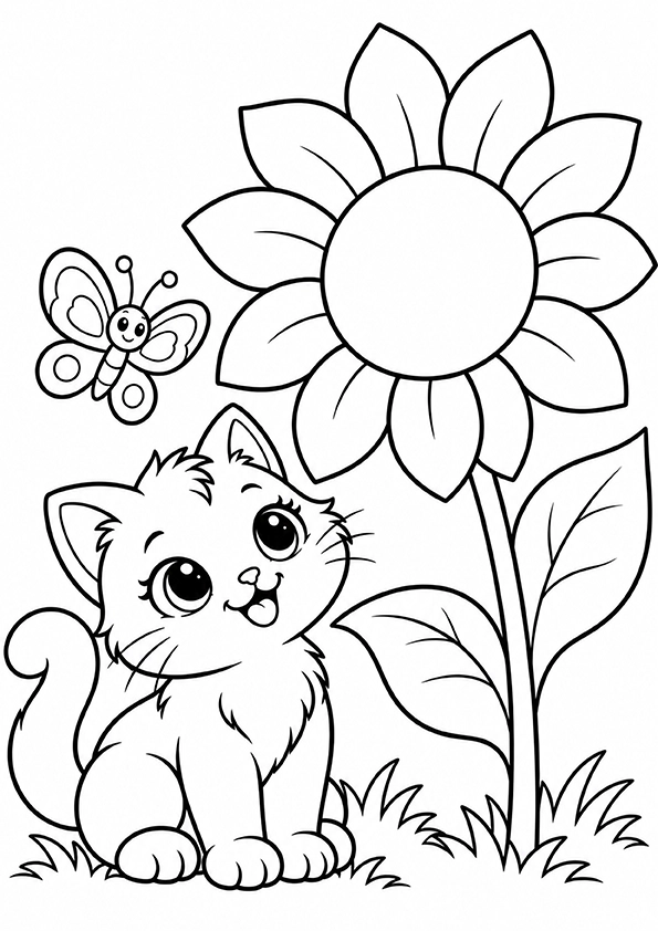 Kitten With A Giant Sunflower coloring page