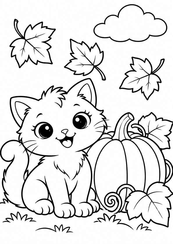 Kitten With A Pumpkin coloring page