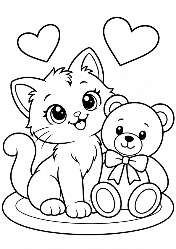 Kitten With A Teddy Bear coloring page