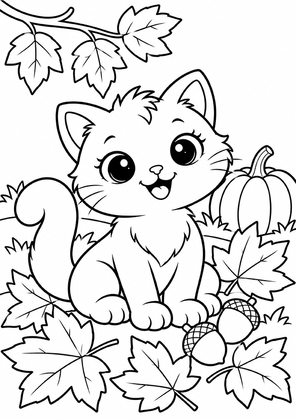 Kitten With Autumn Leaves coloring page