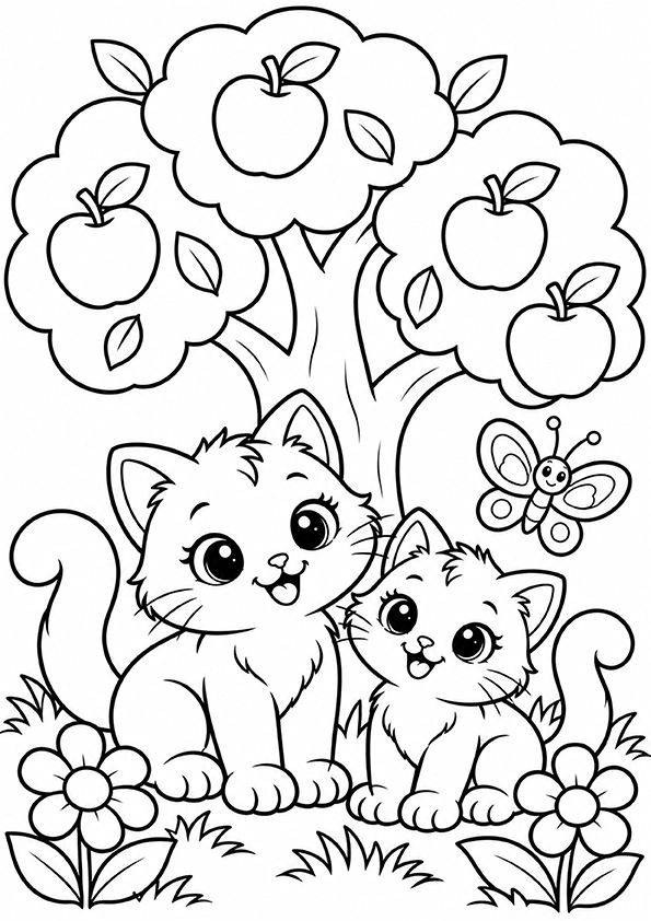 Two Kittens Under A Tree coloring page