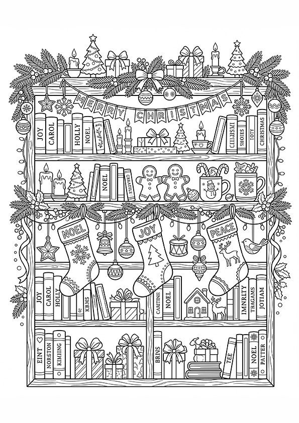 Christmas Bookshelf coloring page