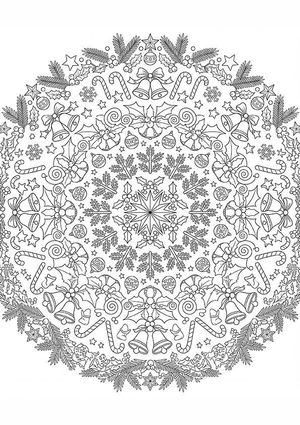 Christmas mandala coloring page with bells, holly, candy canes, ornaments and snowflakes