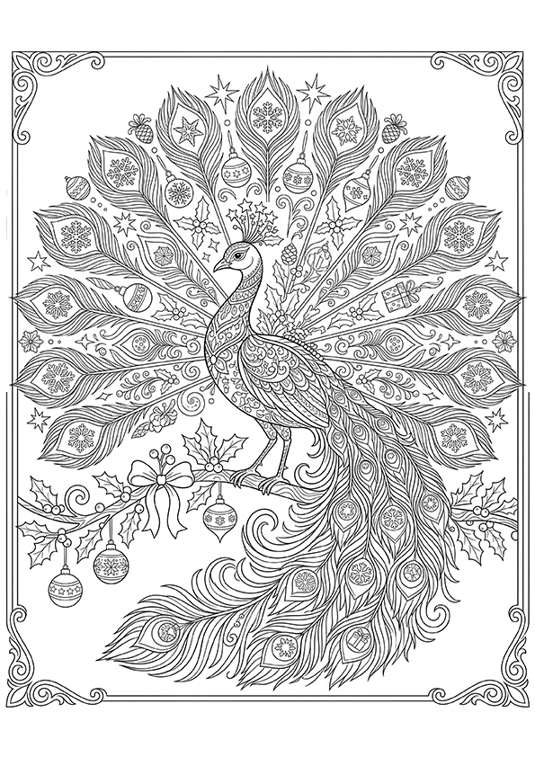 Christmas Peacock coloring page