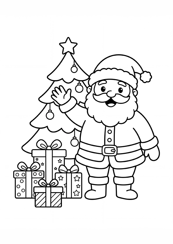 Santa Claus with Christmas tree and presents coloring page for kids
