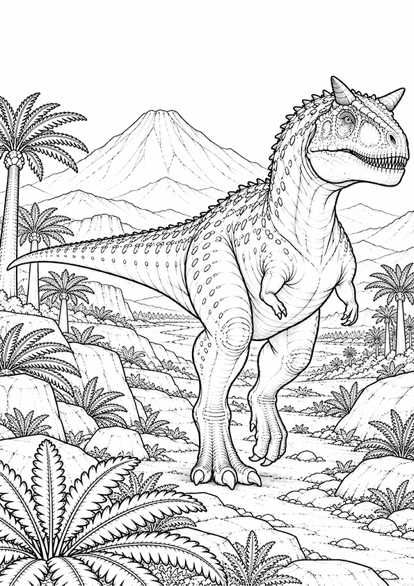 Carnotaurus Beneath A Volcano coloring page