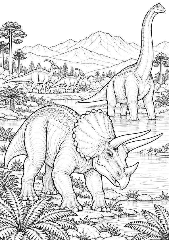 Dinosaurs At The Watering Hole coloring page