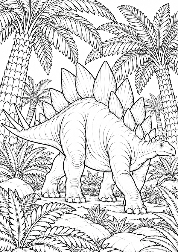 Stegosaurus walking among giant cycads and ferns