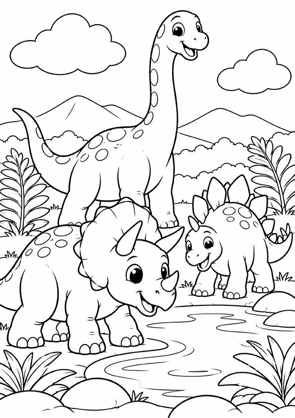 Three dinosaurs standing by a watering hole with mountains and plants