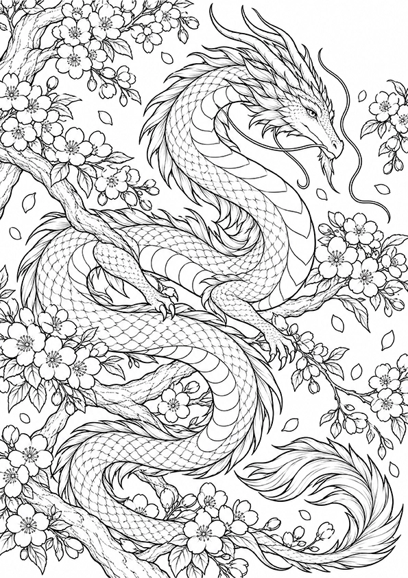 Cherry Blossom Dragon coloring page
