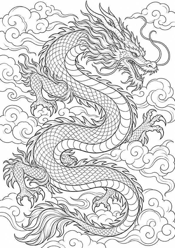 Chinese Dragon Among Clouds coloring page