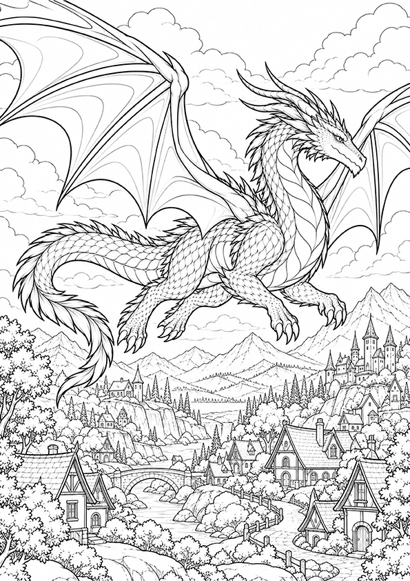 Dragon Above A Fantasy Village coloring page